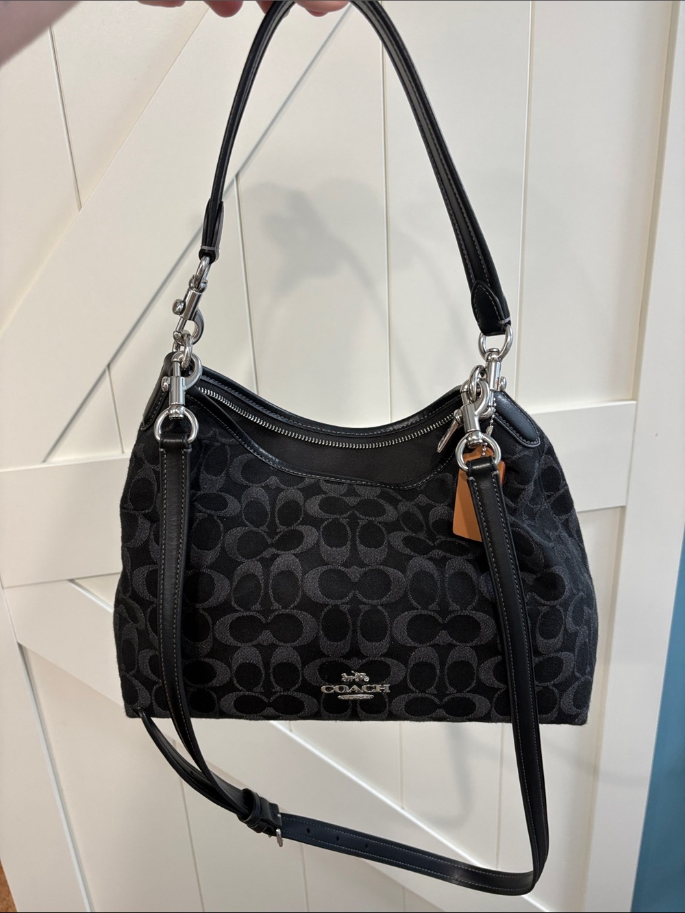 Coach Black Signature Canvas Shoulder Bag with Leather Trim Laurel Pre loved